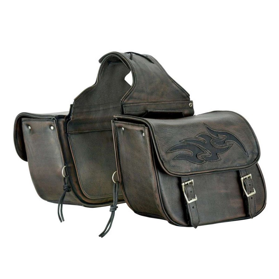 Soft Saddlebags * | Dream Apparel Saddlebag & Accessory Brown Leather Concealed Carry Saddlebag With Flame