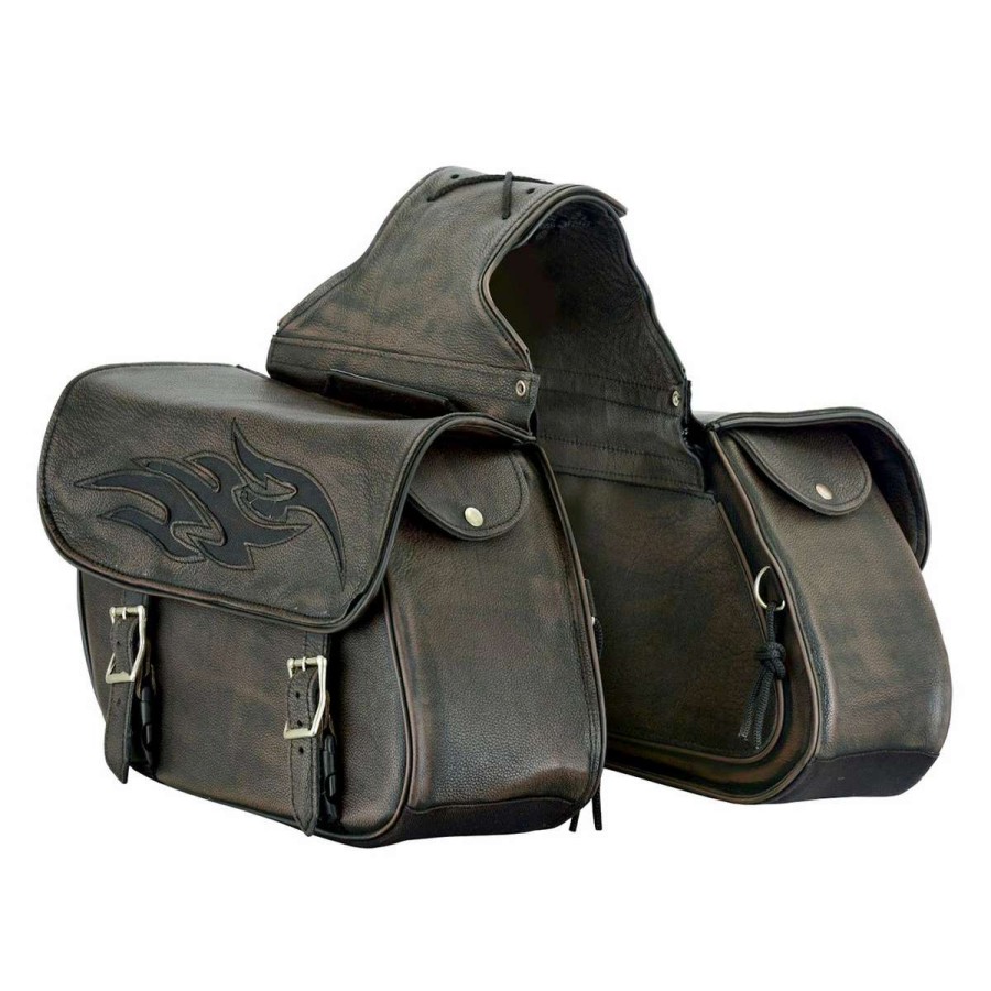 Soft Saddlebags * | Dream Apparel Saddlebag & Accessory Brown Leather Concealed Carry Saddlebag With Flame